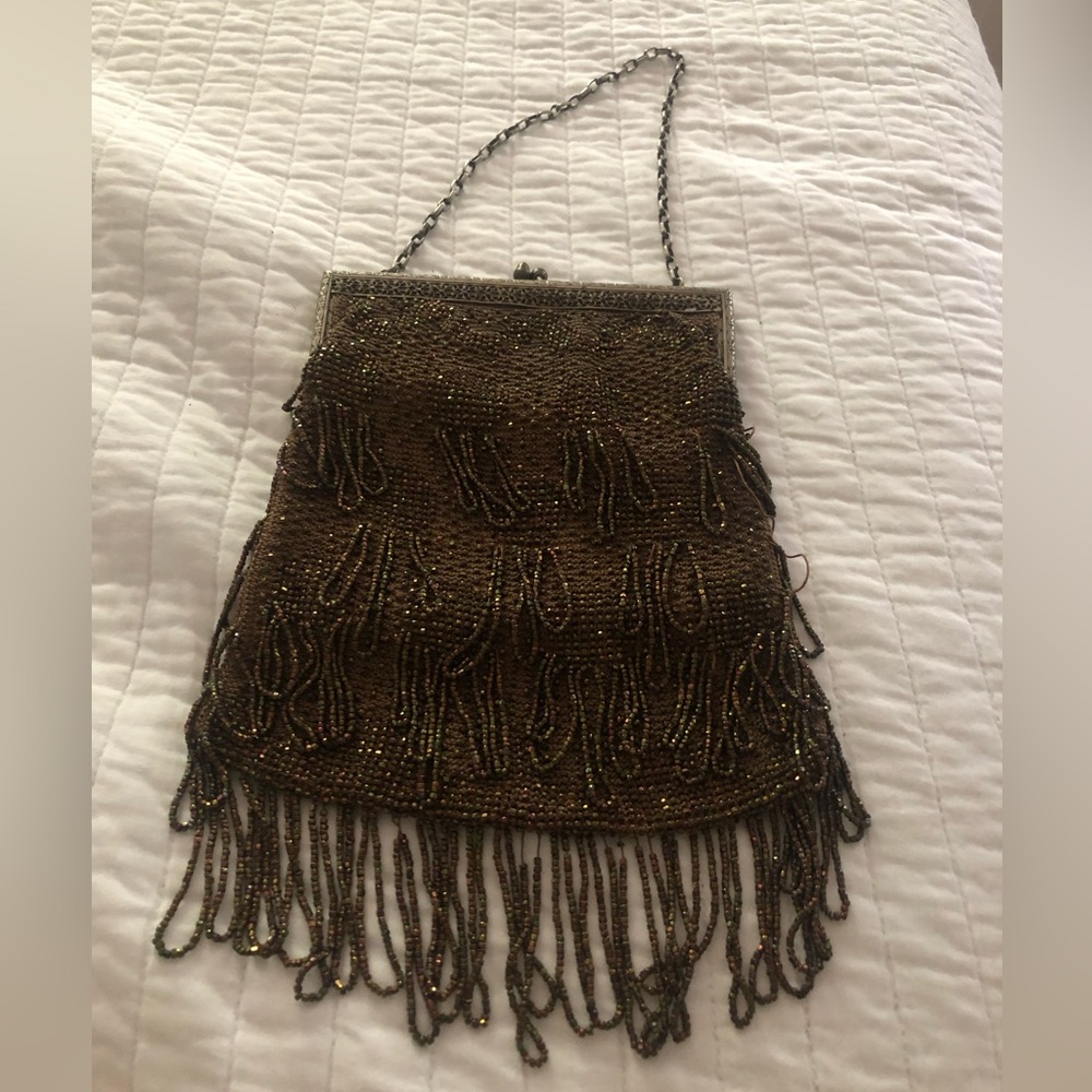 Antique Flapper Art Deco Beaded Purse Bronze Brown
